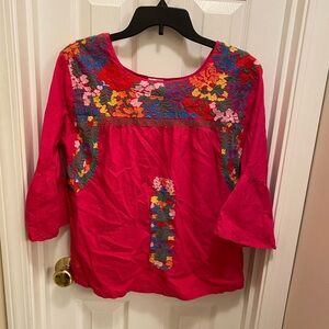 J Marie embroidered blouse top peasant boho bohemian linen viscose Mexican vivid